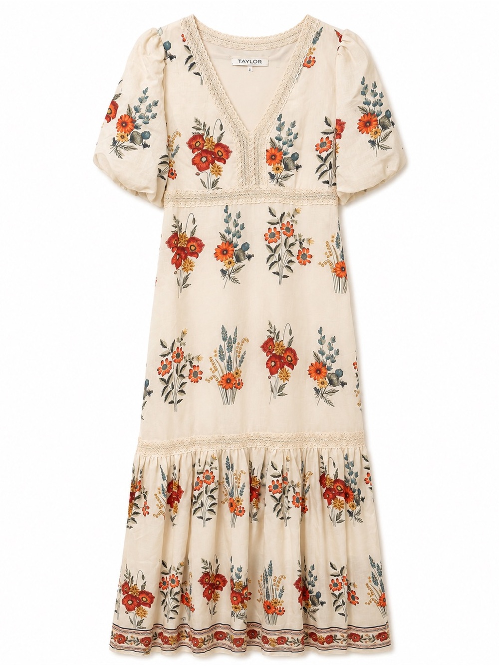 Taylor Cream Floral Midi Dress with V-Neck